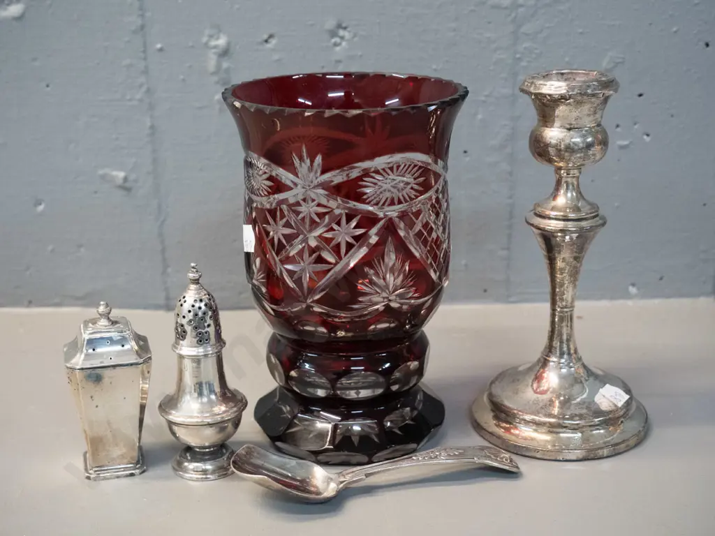 Bohemian ruby & clear cut glass vase and 4 silver items - spoon and one condiment hallmarked sterling, others faint or Image 1++