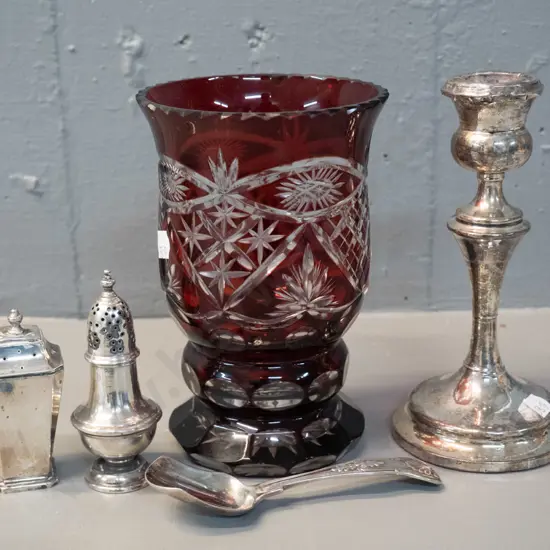 Bohemian ruby & clear cut glass vase and 4 silver items - spoon and one condiment hallmarked sterling, others faint or
