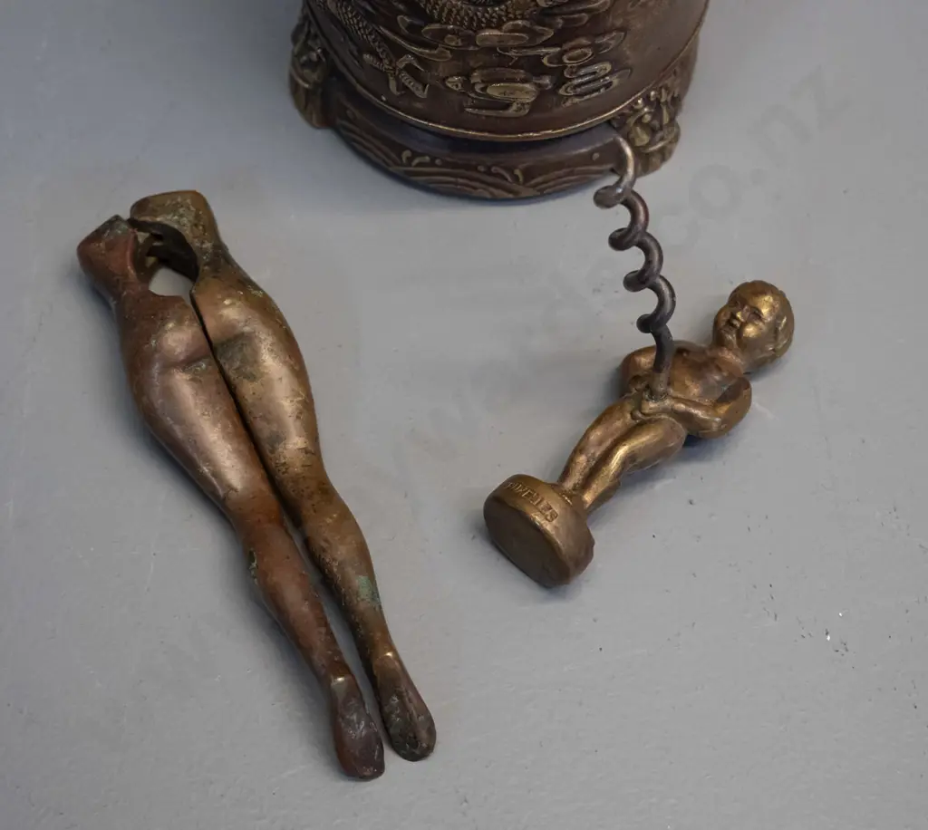 copper and brass vase or brush pot with dragon motifs, may have had repair, H140 D70 and a novelty brass nutcracker and Image 1++