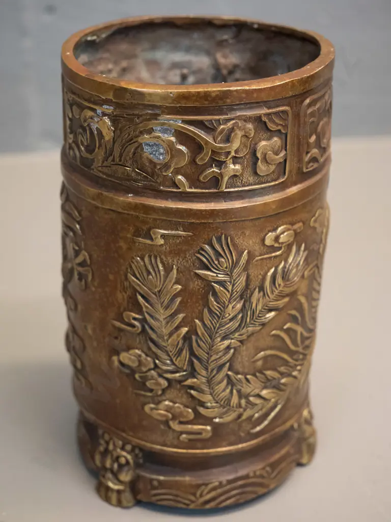 copper and brass vase or brush pot with dragon motifs, may have had repair, H140 D70 and a novelty brass nutcracker and Image 1++