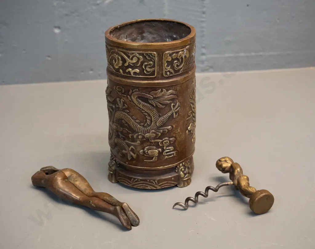 copper and brass vase or brush pot with dragon motifs, may have had repair, H140 D70 and a novelty brass nutcracker and Image 1++