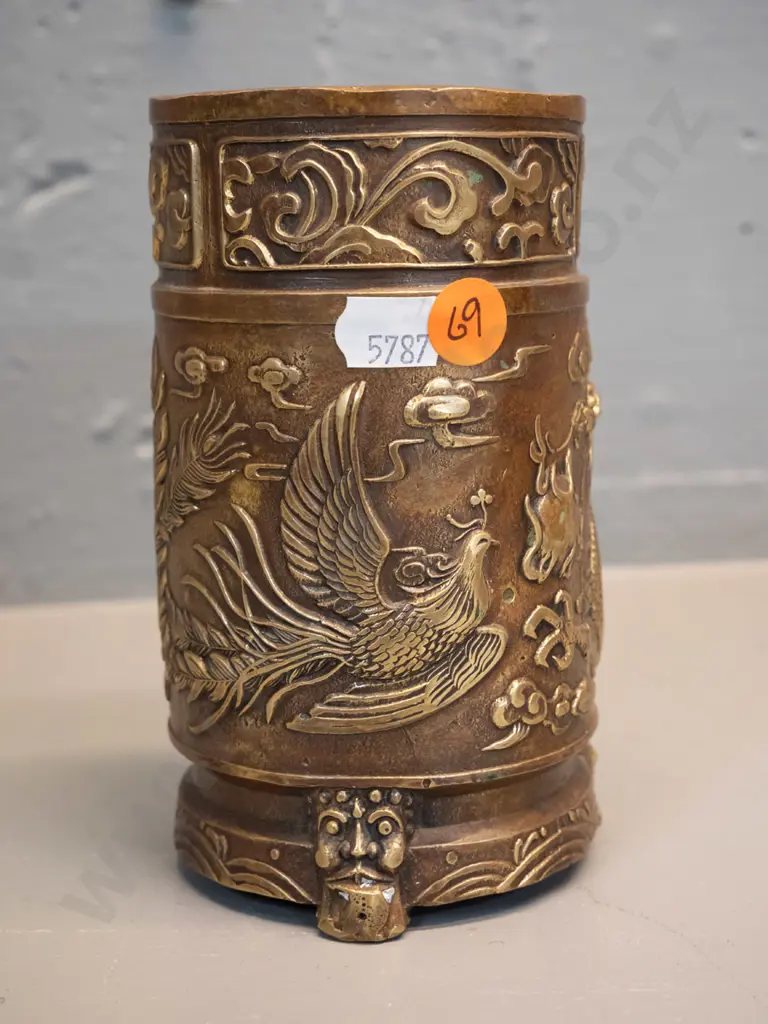 copper and brass vase or brush pot with dragon motifs, may have had repair, H140 D70 and a novelty brass nutcracker and Image 1++