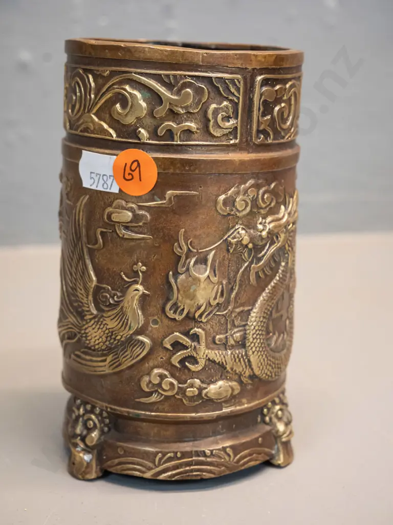 copper and brass vase or brush pot with dragon motifs, may have had repair, H140 D70 and a novelty brass nutcracker and Image 1++