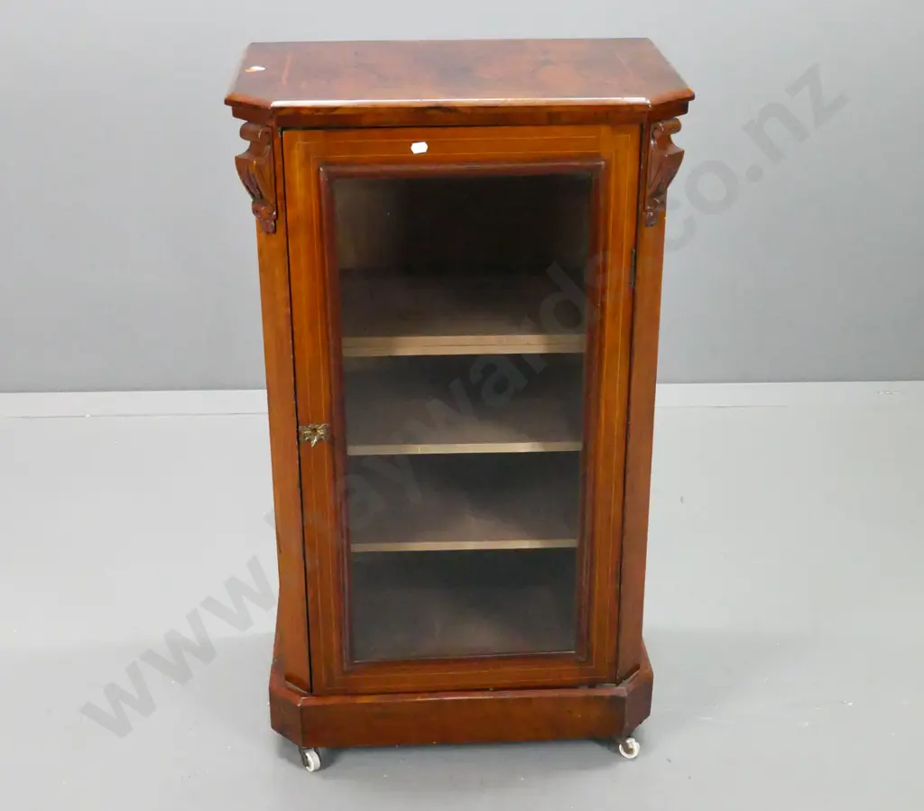 Victorian walnut display case with single glazed door, 4 shelves, carved corbels, box wood inlaid stringing to door and Image 1++