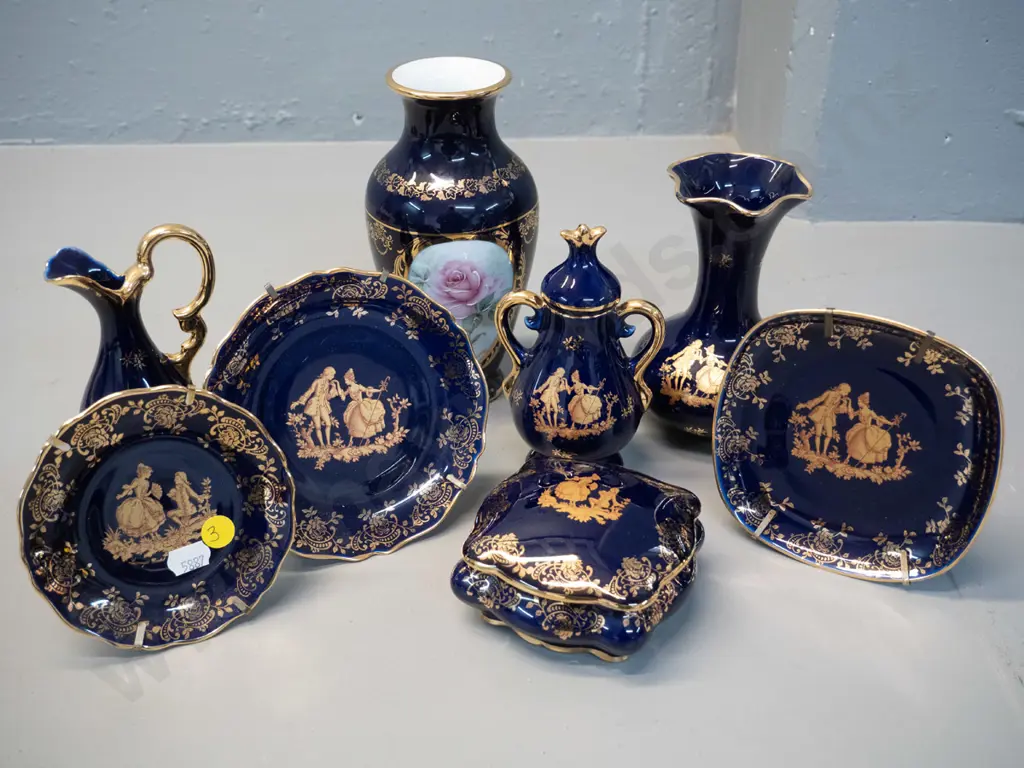 8 pieces of cobalt and gold Limoges china - 2 vases, 2 jugs, trinket, plates etc - tallest vase H-180 Image 1++