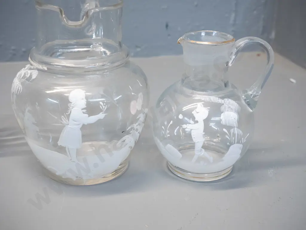6 pieces of Mary Gregory style decorated clear glass - 2 jugs, larger is H-160, and 4 tumblers - all except large jug Image 1++