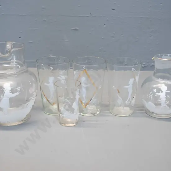 6 pieces of Mary Gregory style decorated clear glass - 2 jugs, larger is H-160, and 4 tumblers - all except large jug