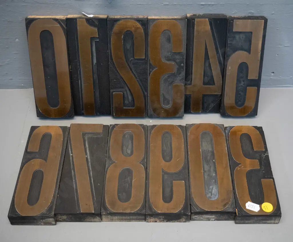 12 reproduction (or refinished vintage?) printing blocks - numbers, 0 thru 9 and spare 3 and 0. Each H-150 W-60 Image 1++