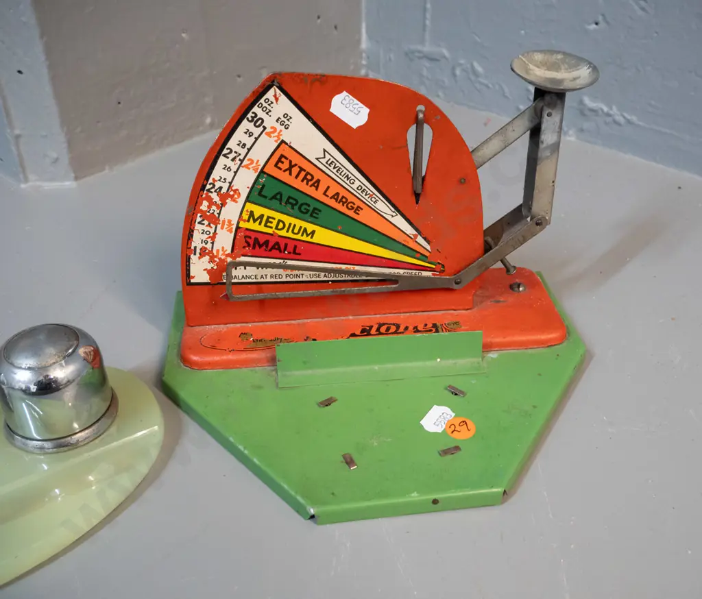 vintage Cyclone egg scale, green glass based inkwell & calendar, and 2 sets of vintage darts - wear to egg scale Image 1++
