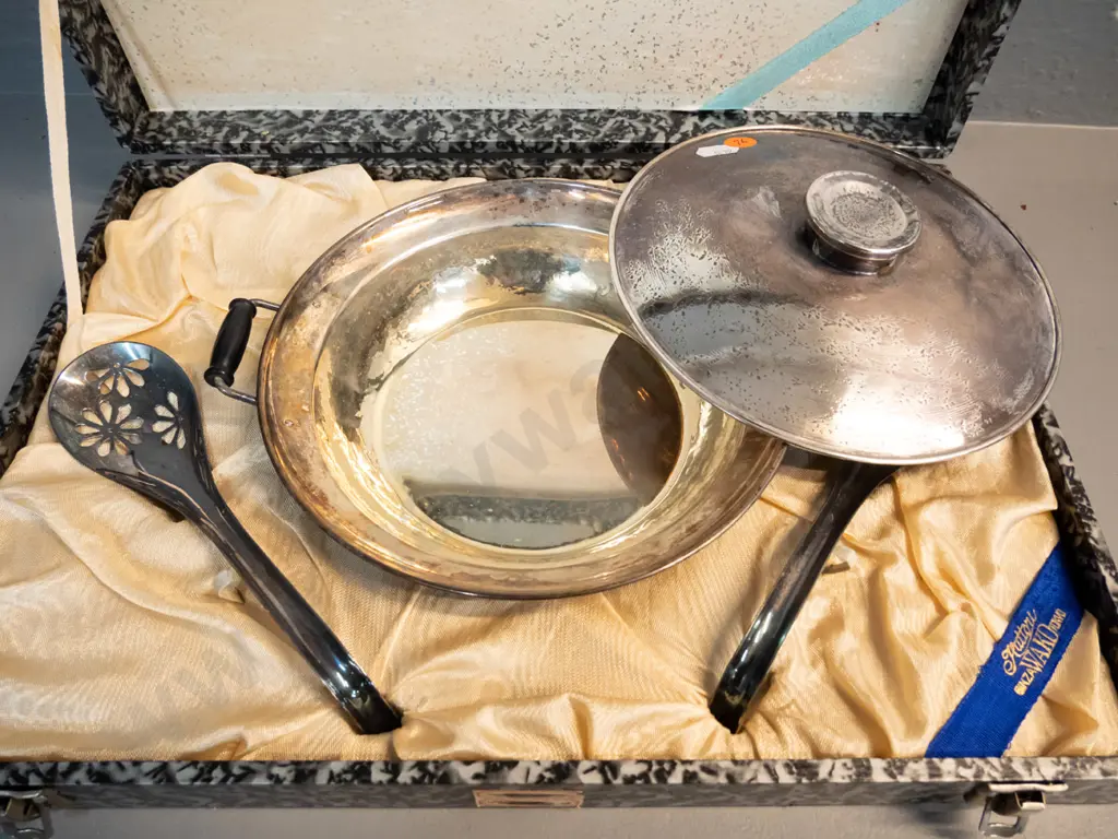 boxed Japanese silver plated lidded serving dish with spoons in fitted case, black bakelite or plastic handles, Image 1++