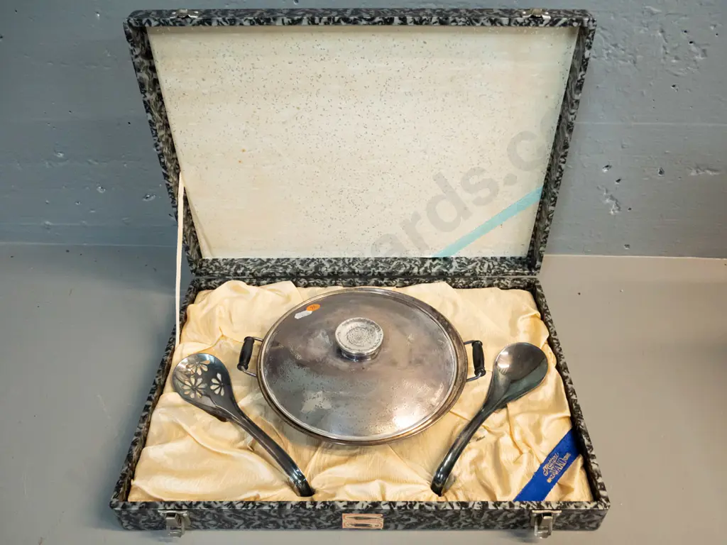 boxed Japanese silver plated lidded serving dish with spoons in fitted case, black bakelite or plastic handles, Image 1++