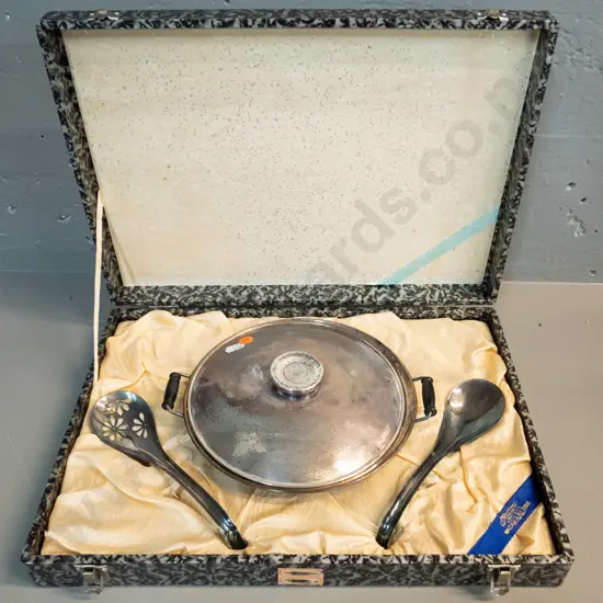 boxed Japanese silver plated lidded serving dish with spoons in fitted case, black bakelite or plastic handles,