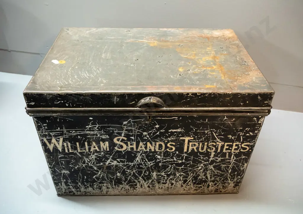tin deed box with heavy wear to paint - marked William Shand Trustees H-310 W-445 D-290 Image 1++