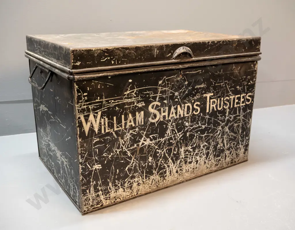 tin deed box with heavy wear to paint - marked William Shand Trustees H-310 W-445 D-290 Image 1++