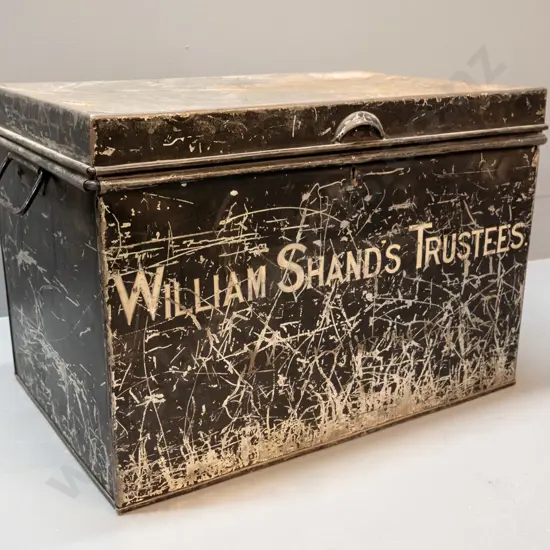 tin deed box with heavy wear to paint - marked William Shand Trustees H-310 W-445 D-290