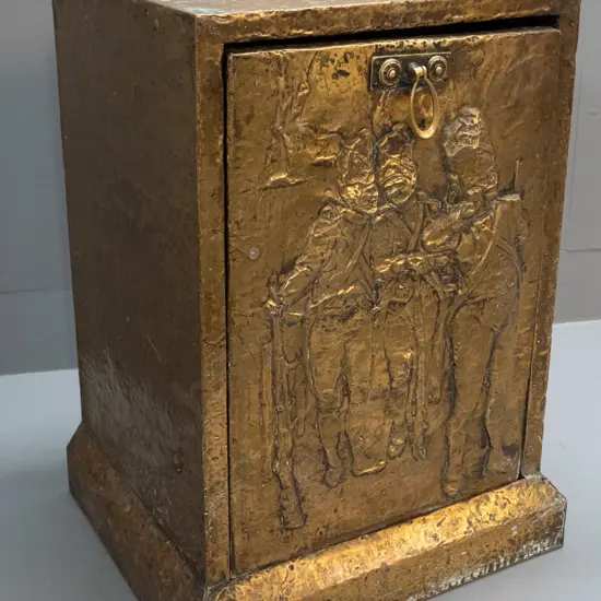 beaten relief soldier pattern brass over timber coal bin with tin liner H-530 W-330 D-310