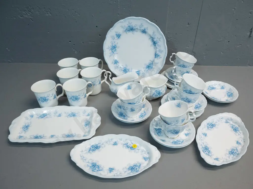 Royal Albert Tiffany tea and coffee ware - 4 trios, 4 cups & saucers, 6 mugs (one with chip) cake plate, oval dishes etc Image 1++