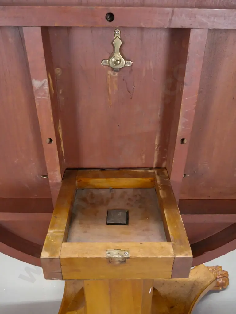Victorian cedar round tilt-top table on 4-point faceted column base w/carved lion's paw feet, some veneer repairs to Image 1++
