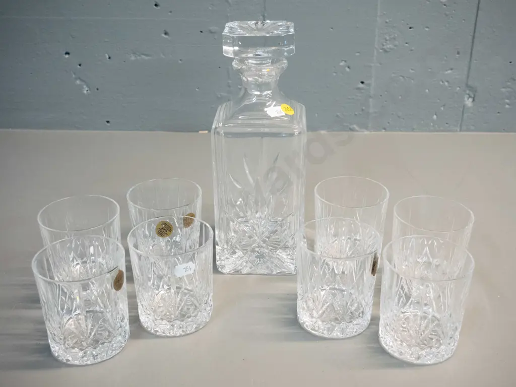 Capri Italy moulded crystal stoppered whisky decanter and 8 glasses. Decanter H-240 Image 1++