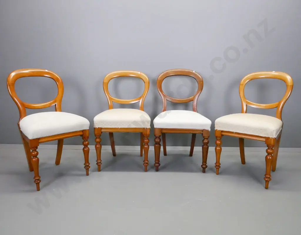set of 4 colonial balloon back dining chairs, 3 kauri and rimu, one is cedar, 2 different fabrics for seats. W/turned Image 1++