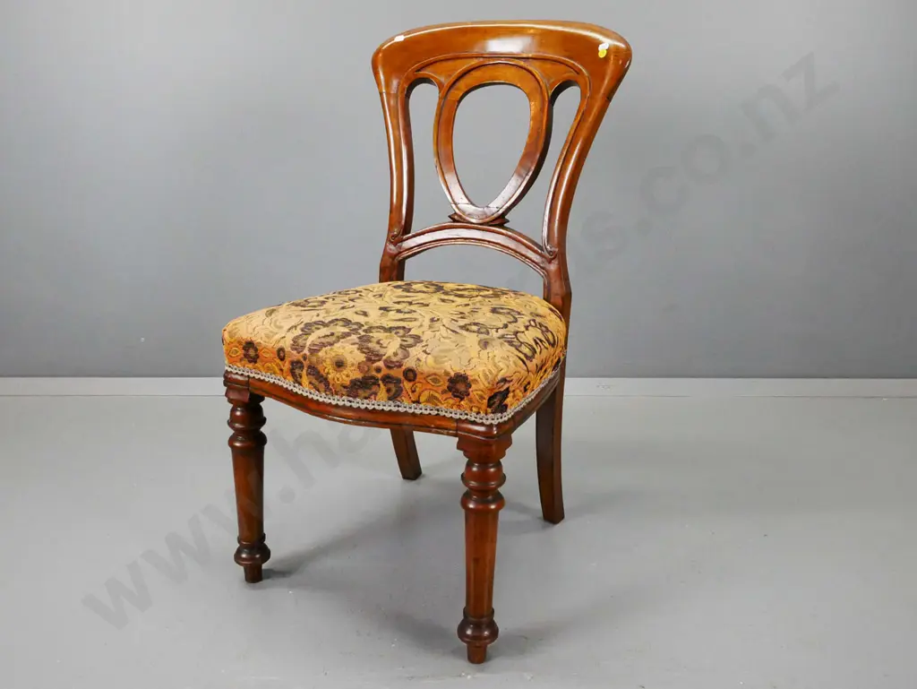 Victorian oak side chair with oval cutout back splat, turned front legs, floral upholstered seat,  fading to fabric Image 1++