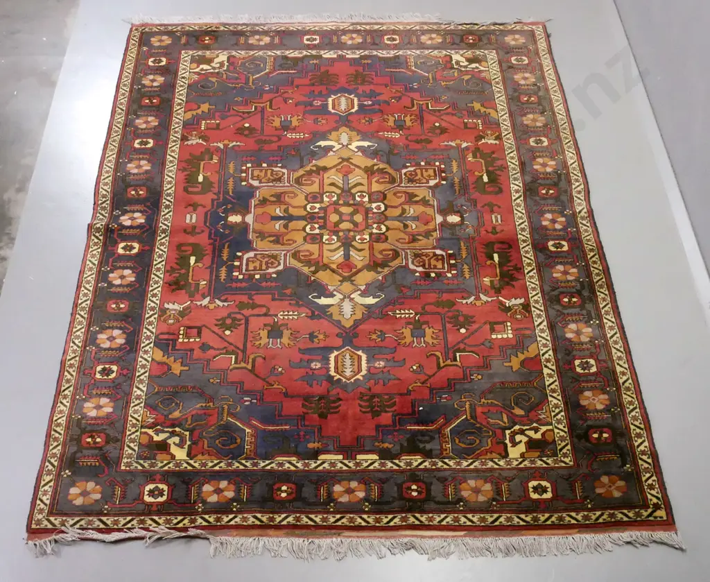 Persian style hand-knotted woollen floor rug - dark reds, browns, blues and ivory, some fading L-2880 W-2000 Image 1++