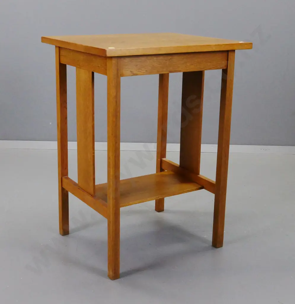 vintage oak 2-tier side table with slatted sides, on square legs, some marking to top H-725 W-540 D-455 Image 1++
