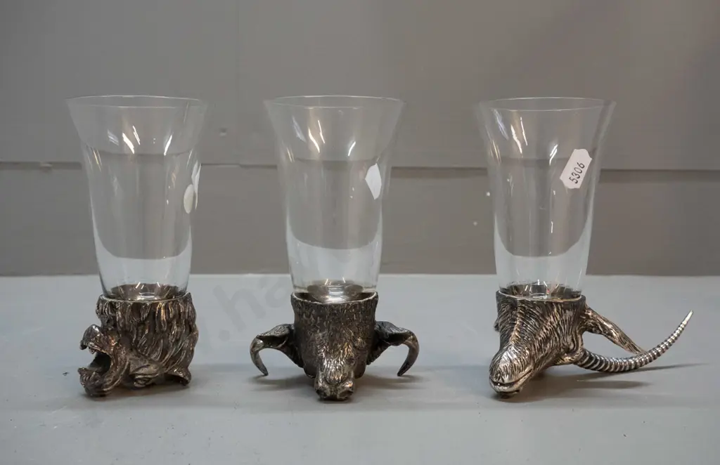 3 stirrup cup style glasses with plated cast metal animal head bases - H-135 Image 1++