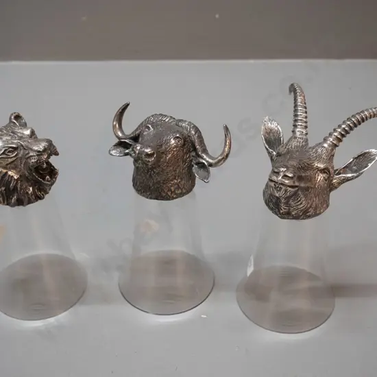 3 stirrup cup style glasses with plated cast metal animal head bases - H-135
