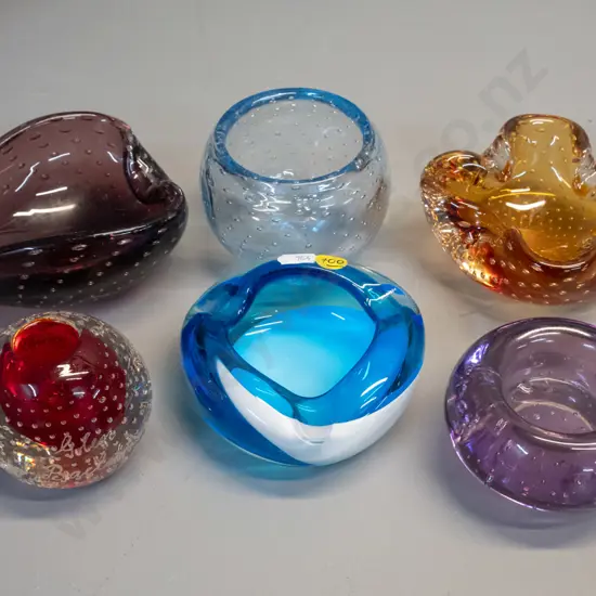 6 assorted small art glass items - 2 ashtrays, 3 bowls, candle holder/vase with inscribed name. Leaf shape bowl H60 L135