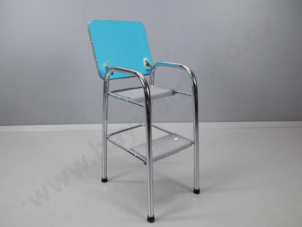 retro kitchen step stool with lift-up seat, covered in turquoise vinyl - small scratches to vinyl H-600 W-300 D-290 Image 1++