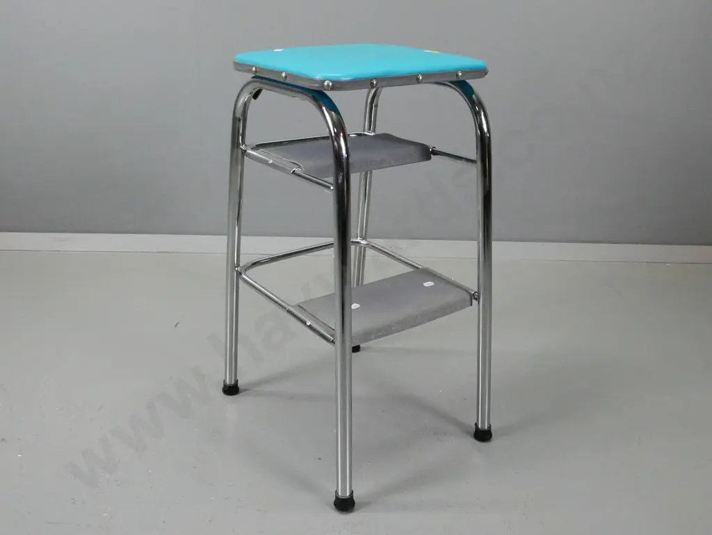 retro kitchen step stool with lift-up seat, covered in turquoise vinyl - small scratches to vinyl H-600 W-300 D-290 Image 1++