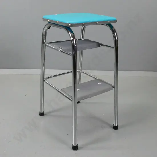 retro kitchen step stool with lift-up seat, covered in turquoise vinyl - small scratches to vinyl H-600 W-300 D-290