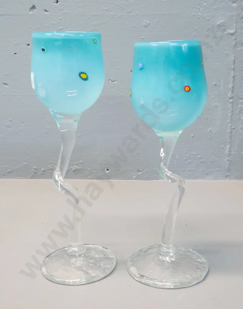 2 art glass goblets - teal with millefiore clear twisted stems H-270 - both with Venus Hot Glass Chrsitchurch labels Image 1++
