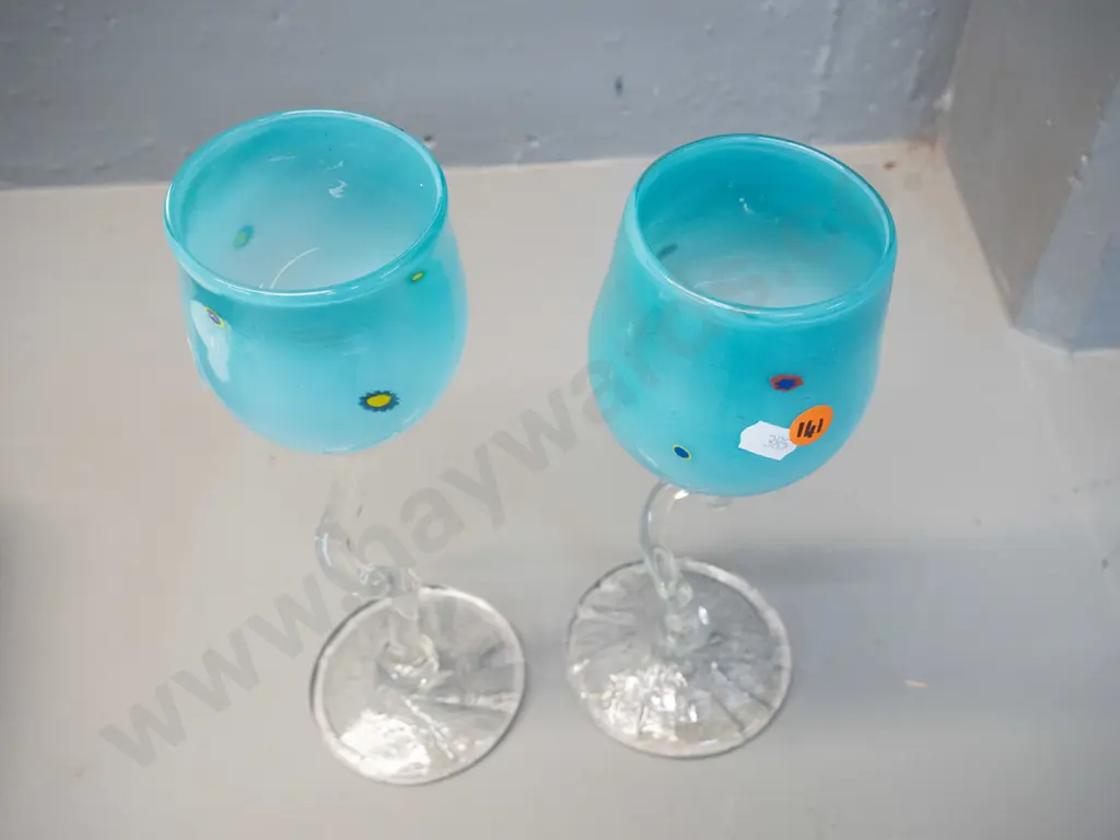 2 art glass goblets - teal with millefiore clear twisted stems H-270 - both with Venus Hot Glass Chrsitchurch labels Image 1++