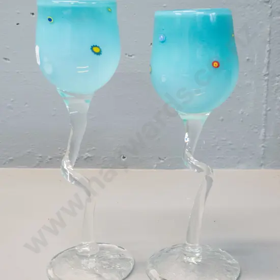 2 art glass goblets - teal with millefiore clear twisted stems H-270 - both with Venus Hot Glass Chrsitchurch labels