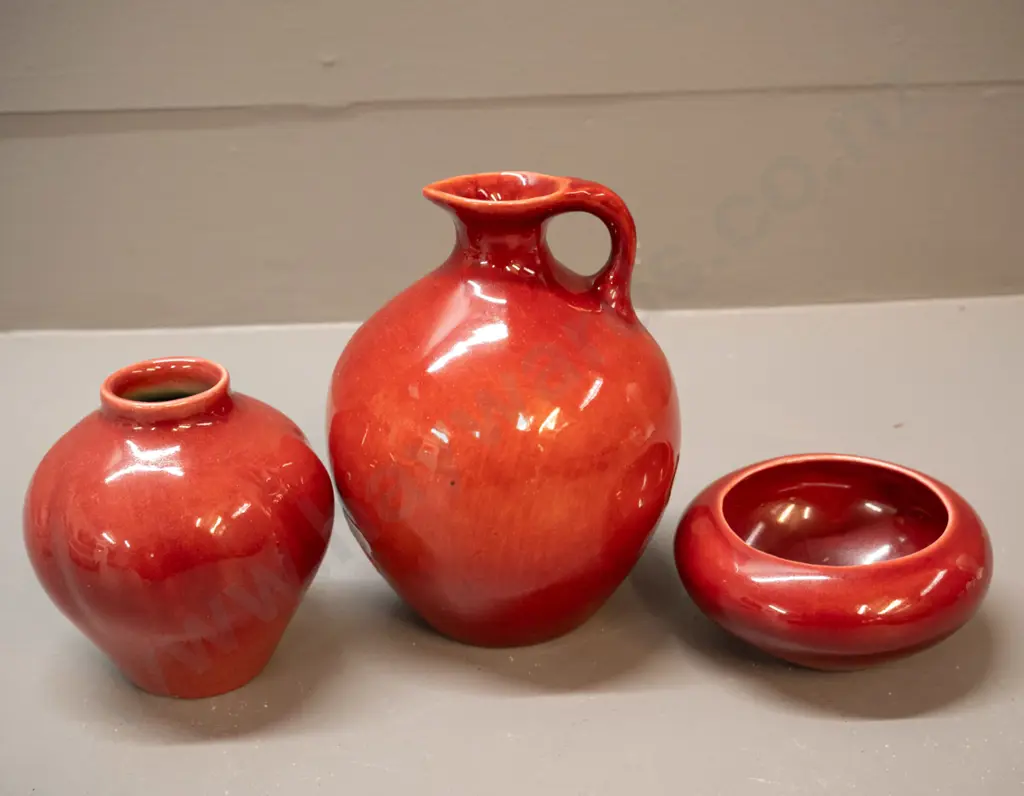 3 pieces of O.C. Stephens red glaze pottery - jug H-1, small bowl, and a vase with a few chips to rim and base Image 1++