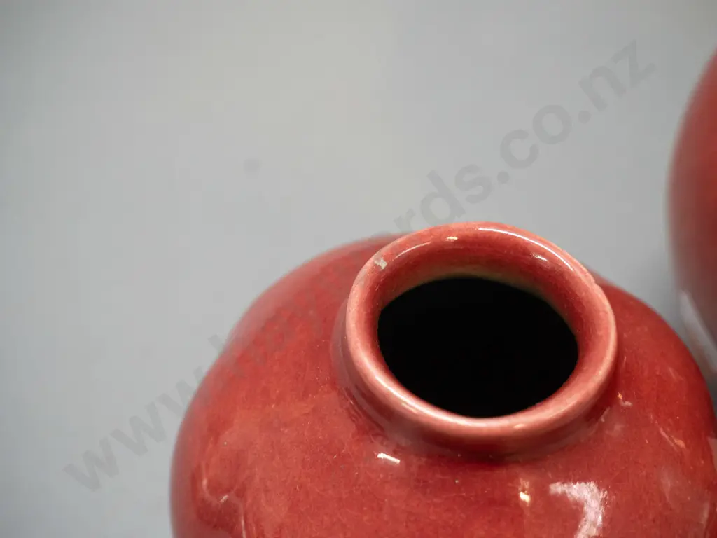 3 pieces of O.C. Stephens red glaze pottery - jug H-1, small bowl, and a vase with a few chips to rim and base Image 1++