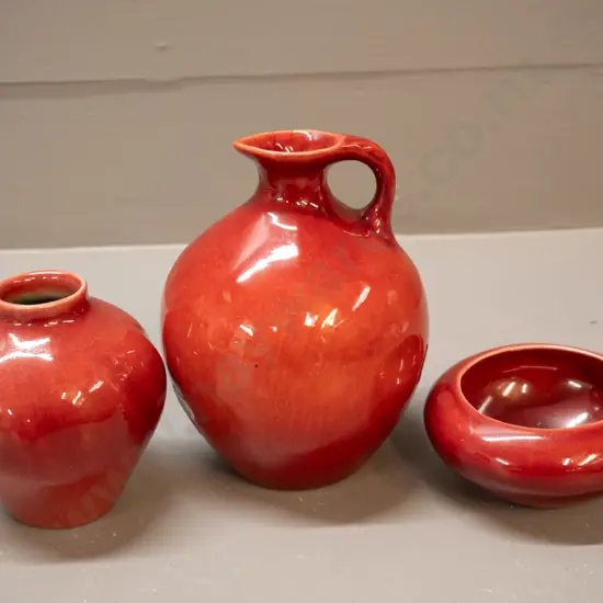 3 pieces of O.C. Stephens red glaze pottery - jug H-1, small bowl, and a vase with a few chips to rim and base