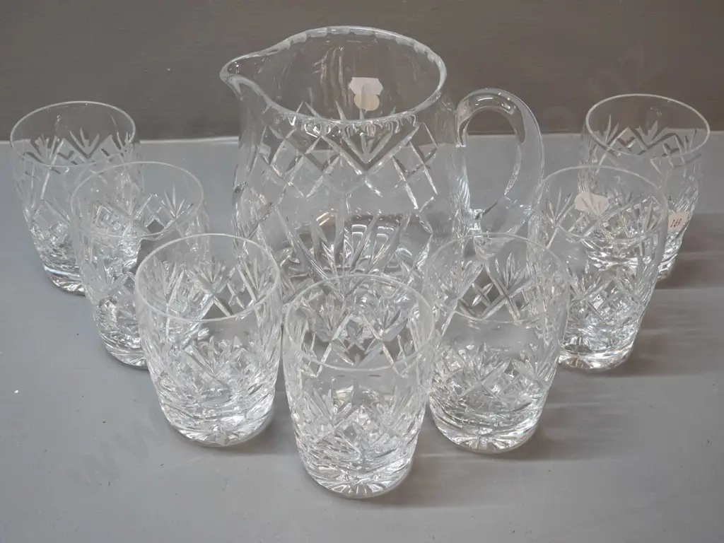 Webb-Corbett cut crystal water jug H-135 W-150 and 7 tumblers Image 1++