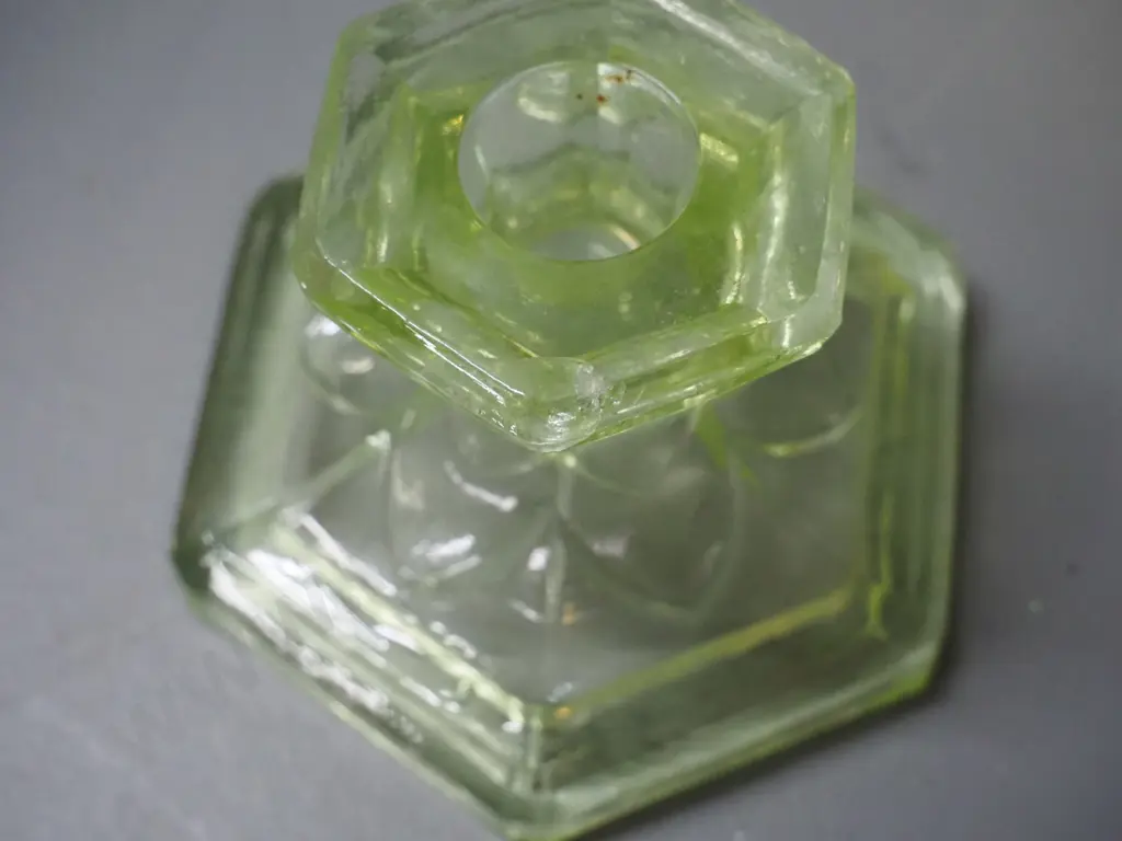 pair of uranium glass candlesticks and a rose bowl / vase H110 D200 - chip to frog, and crack to one candlestick Image 1++