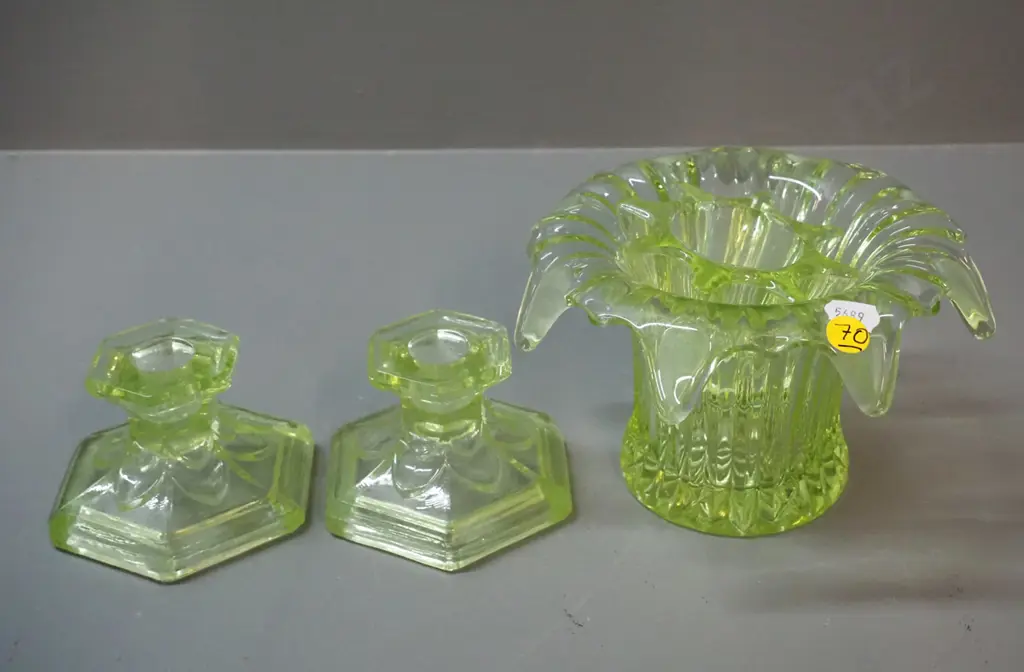 pair of uranium glass candlesticks and a rose bowl / vase H110 D200 - chip to frog, and crack to one candlestick Image 1++