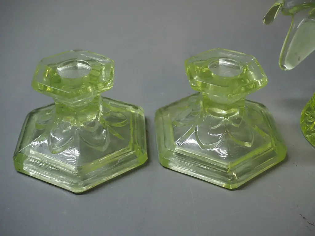 pair of uranium glass candlesticks and a rose bowl / vase H110 D200 - chip to frog, and crack to one candlestick Image 1++