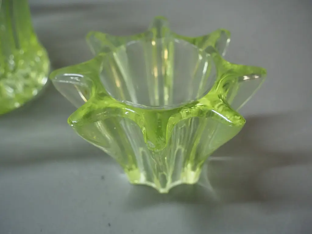 pair of uranium glass candlesticks and a rose bowl / vase H110 D200 - chip to frog, and crack to one candlestick Image 1++