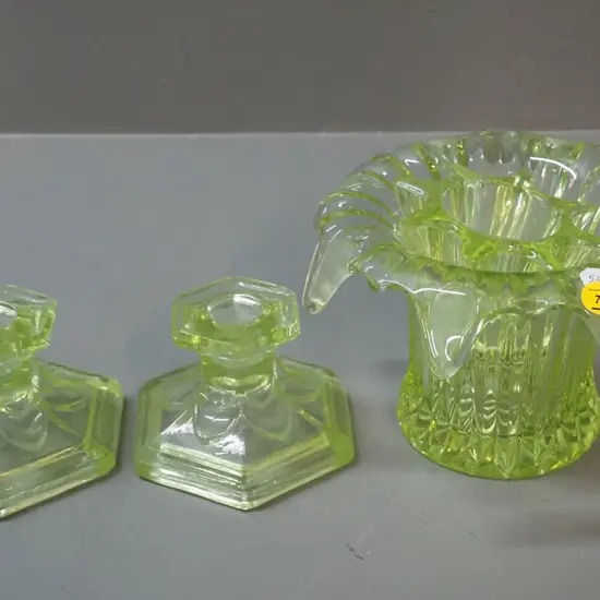 pair of uranium glass candlesticks and a rose bowl / vase H110 D200 - chip to frog, and crack to one candlestick