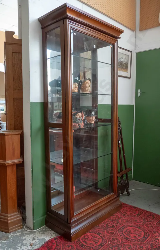 reproduction tall mirror-back display case with bevelled edge glass sliding door, glazed sides, 5 adjustable glass Image 1++