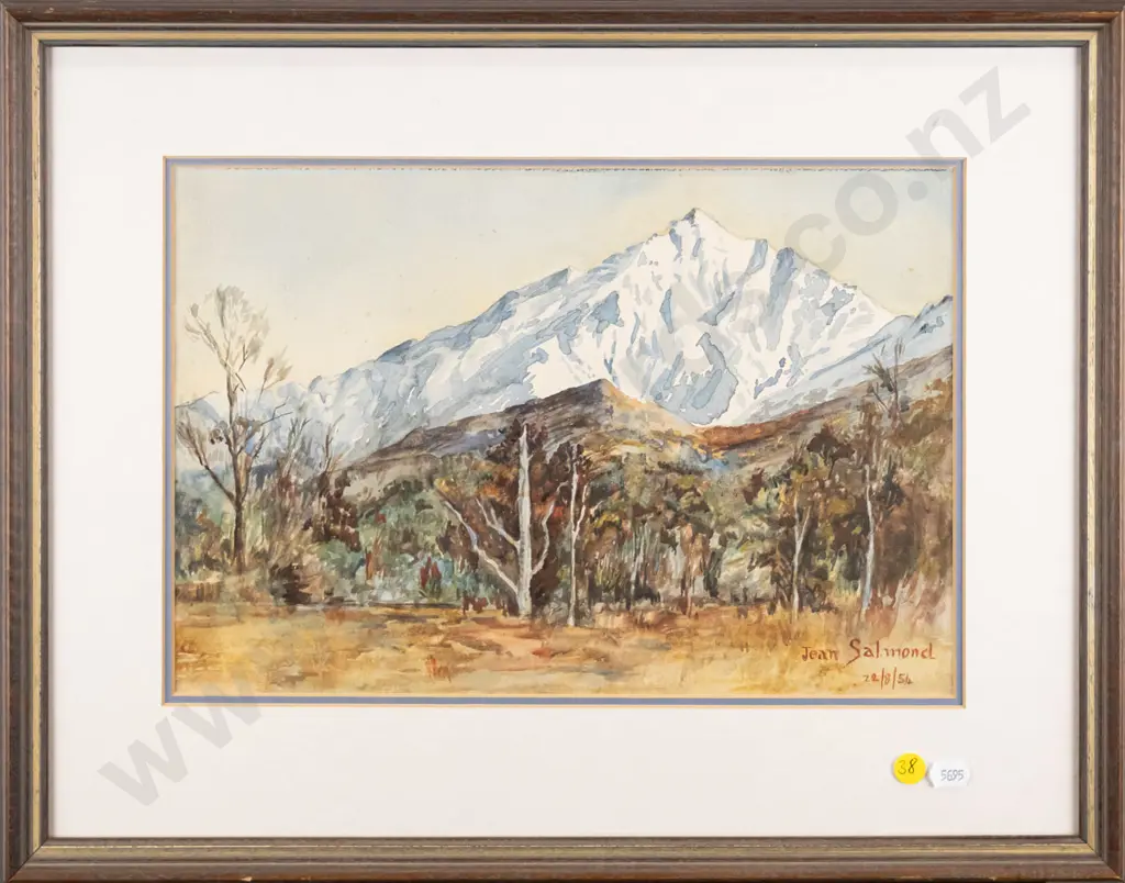 Jean Salmond '54 - framed watercolour - mountain scene (slight foxing) H-240 W-340 Image 1++