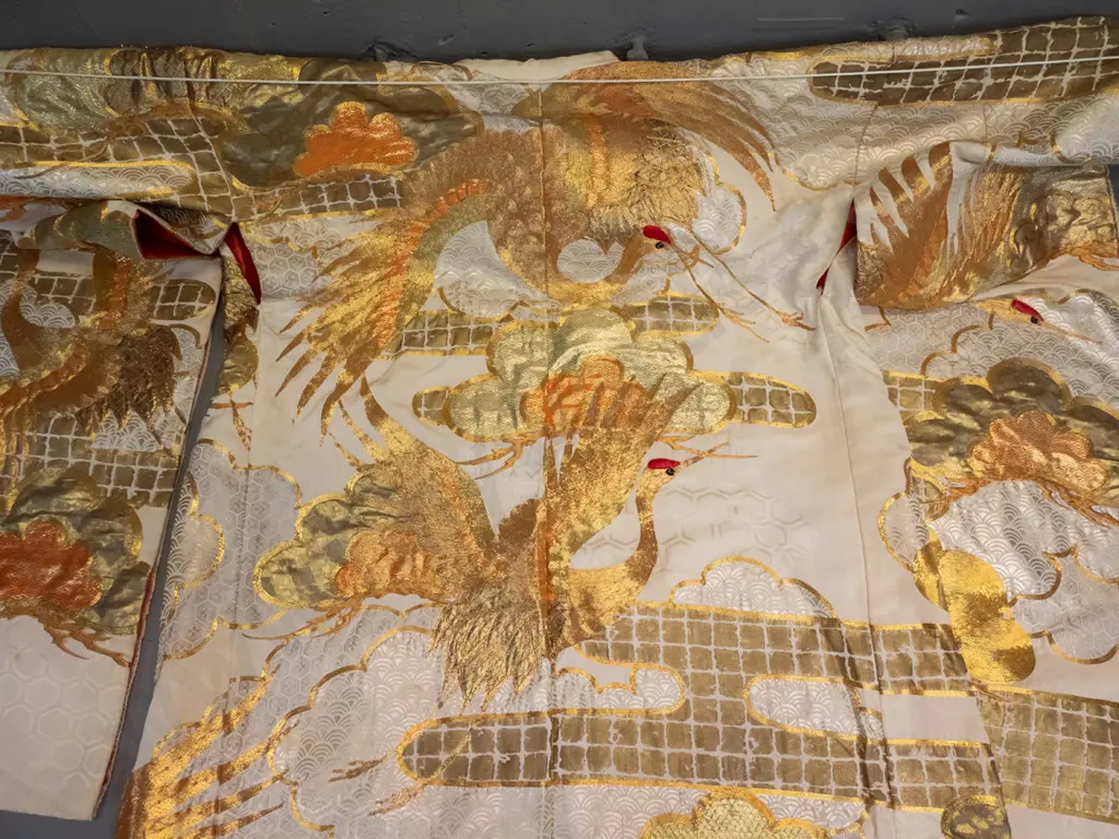 Japanese wedding coat with gilded thread, embroidered  cranes, etc. Approx size H-1800 W-1300 Image 1++