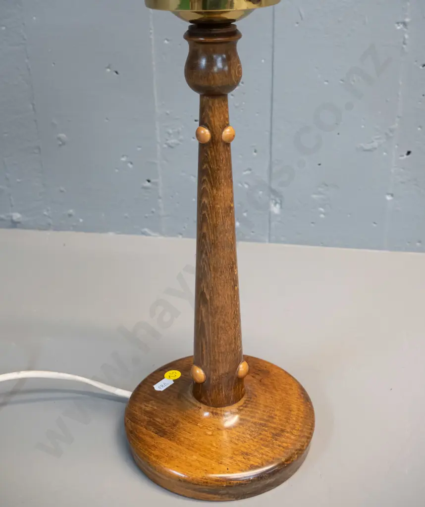 deco vintage table lamp with turned timber base, ribbed glass shade, brass fitting and applied timber decoration H-480 Image 1++