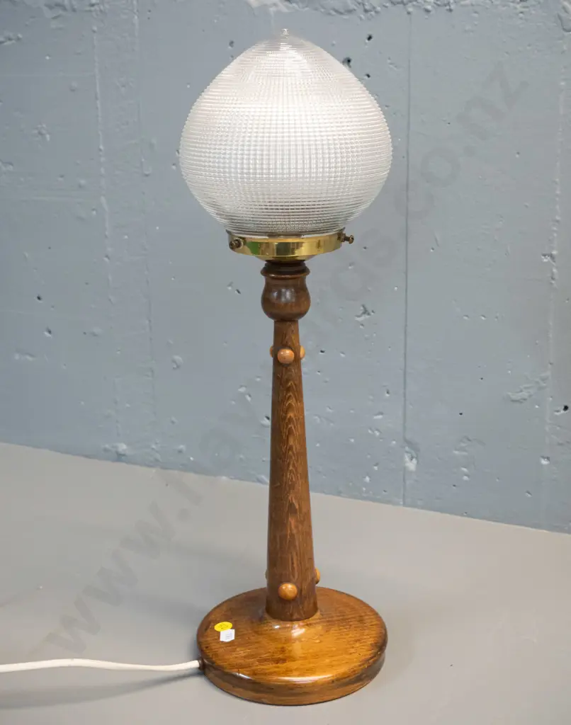 deco vintage table lamp with turned timber base, ribbed glass shade, brass fitting and applied timber decoration H-480 Image 1++